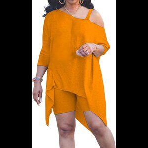 Women Two Piece Set Trendy Outfits with One Shoulder Top Skinny Shorts Tracksuit